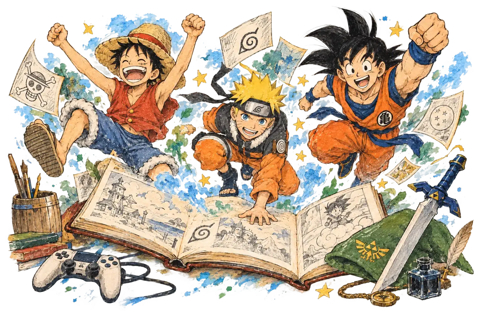 Un quaderno illustrato prende vita tra manga e videogiochi.